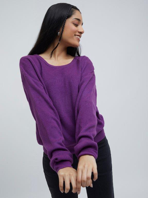 Settlers Nebu trappe Zudio Purple Ribbed Texture Knitted Top
