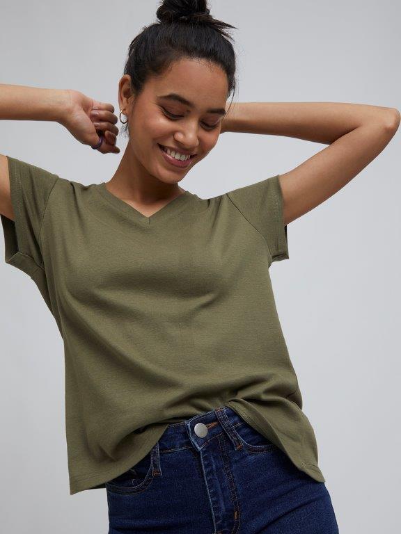 Zudio Khaki V-Neck Basic T-shirt