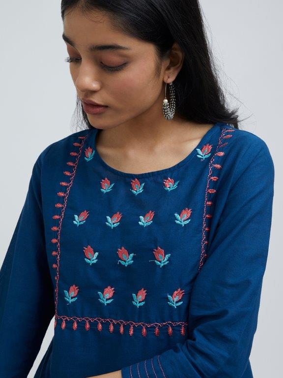 Indigo Printed Angrakha Style Flared Kurta – TJORI