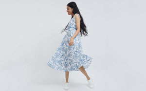 Zudio Blue Floral Patterned Fit-and-Flare Dress
