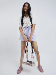 Zudio Lilac Paper-bag Waist Denim Shorts